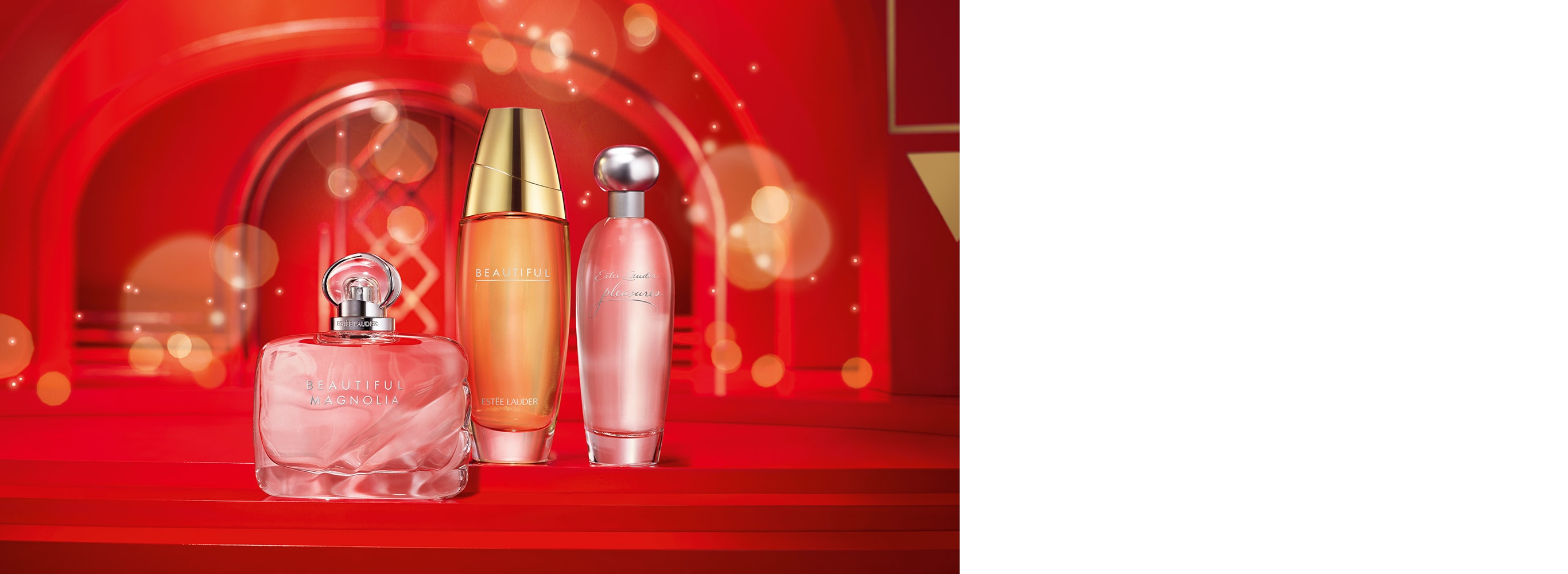 Fragrance bestsellers line up on red holiday background