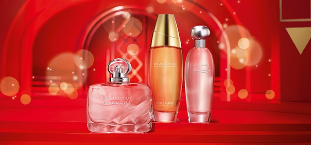 Fragrance bestsellers line up on red holiday background