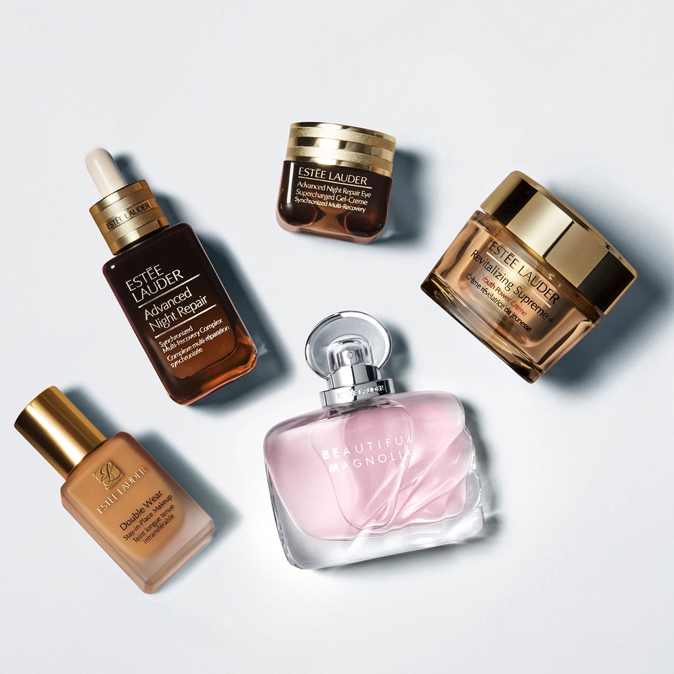 Estee Lauder best seller products, inlcuding a foundation, serum and fragrance.