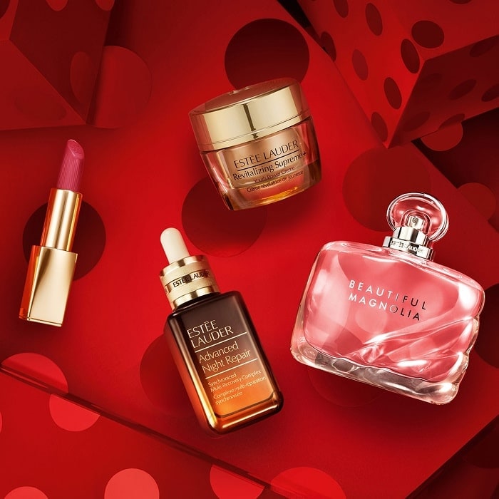 Estee Lauder best seller products, inlcuding a foundation, serum and fragrance.